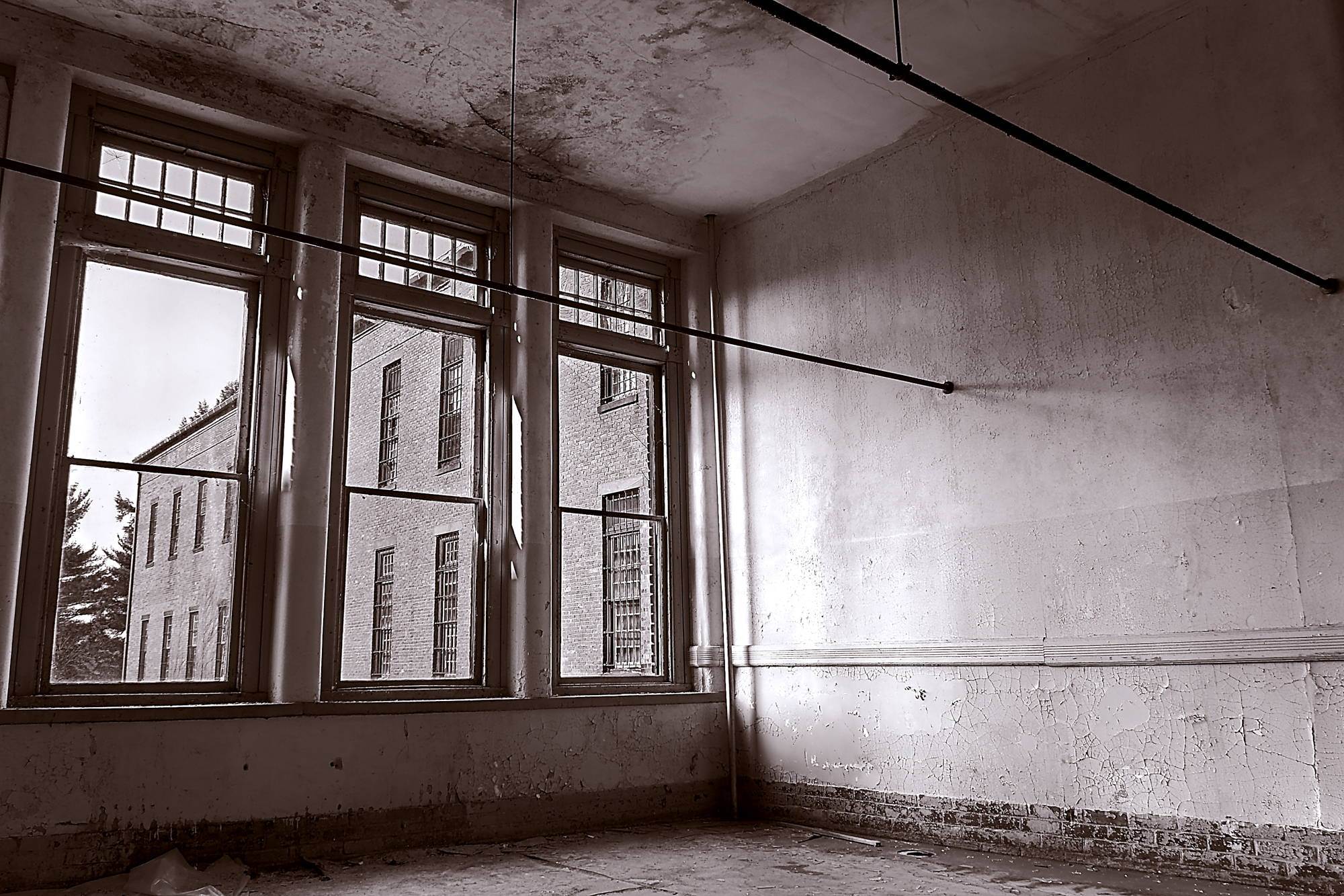 Three windows in a ward at Northampton State Hospital.