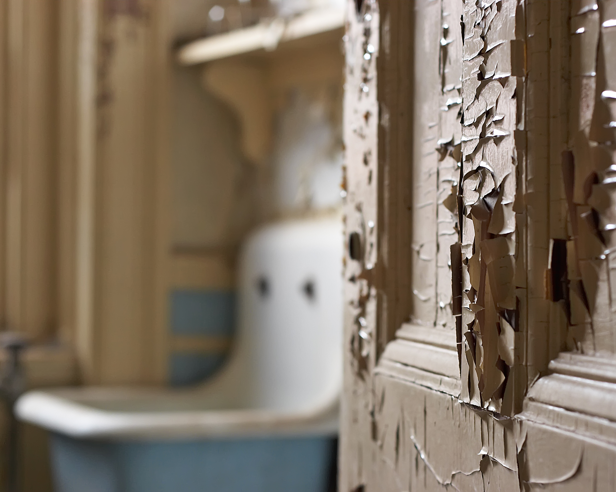 Peeling paint in a bathroom at Northampton State Hospital
