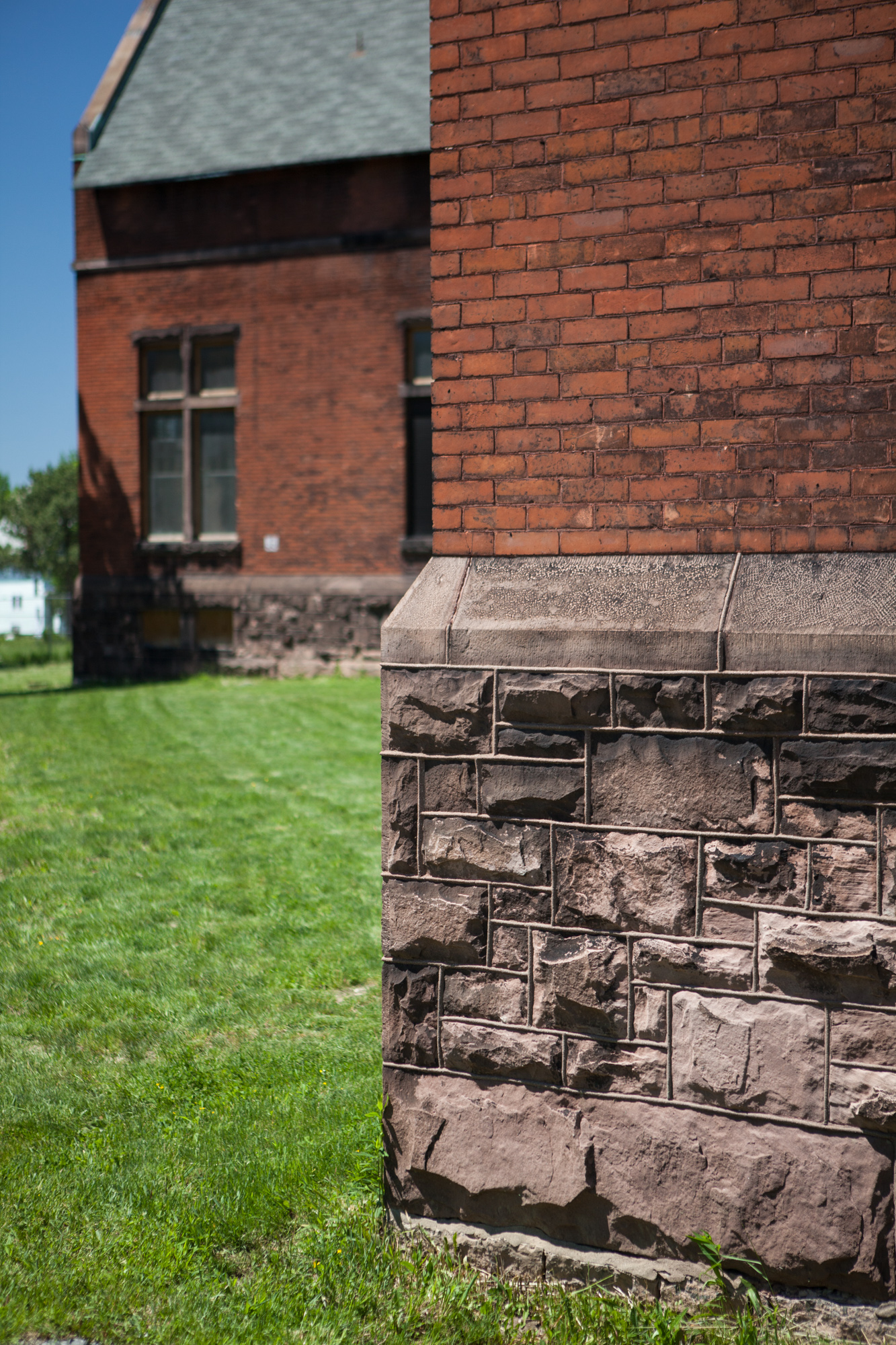 Closeup of brick and stone exterior at Buffalo State Hospital.