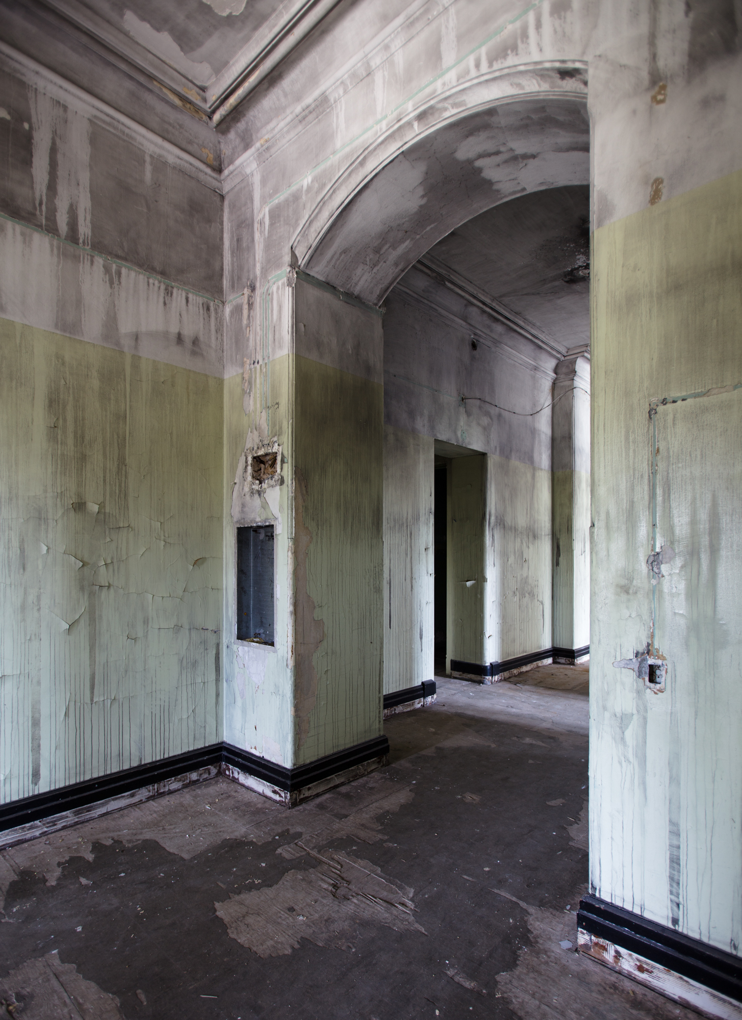 Smoke damaged hallway at Buffalo State Hospital