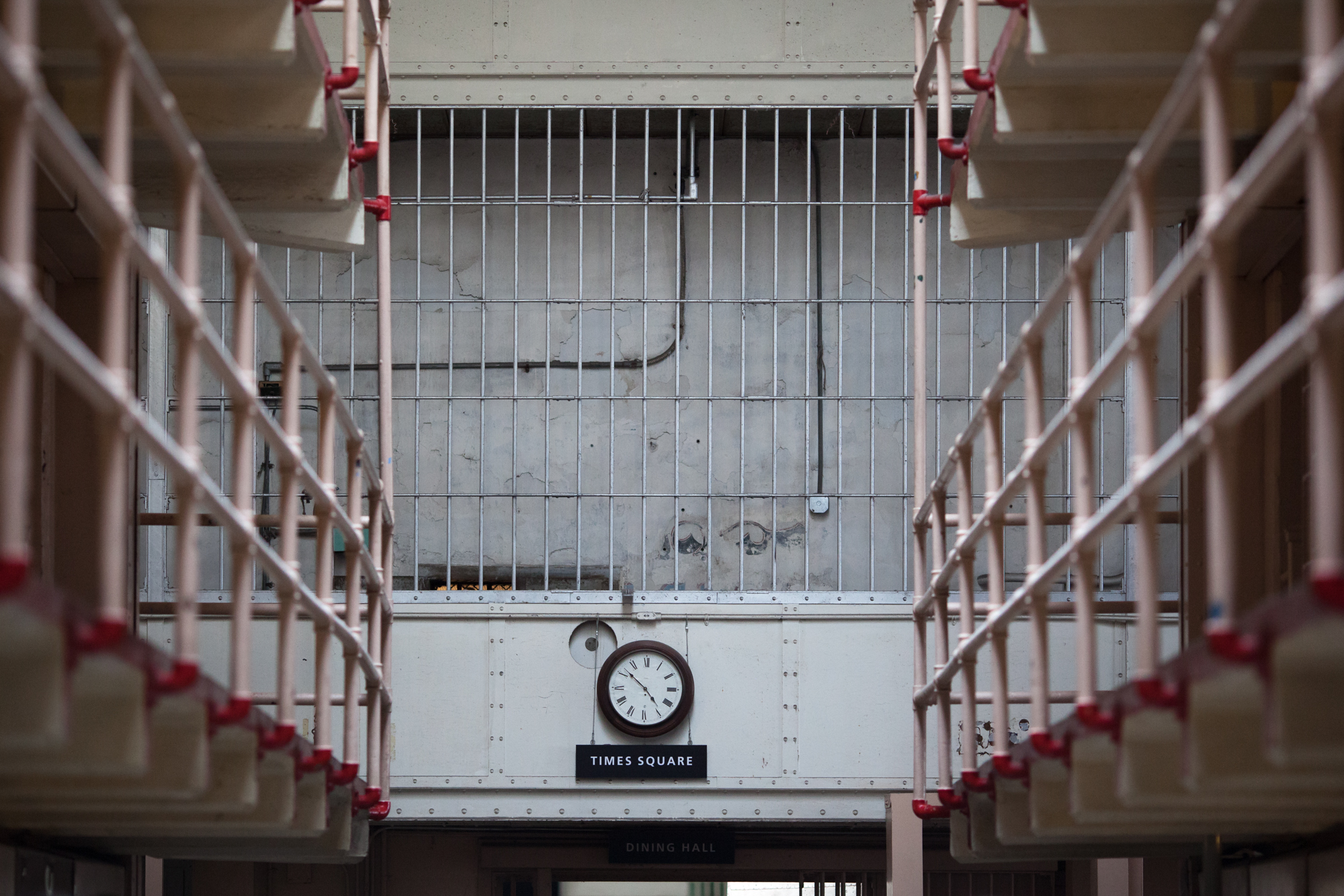 Clock and cellblocks at Alcatraz Federal Penitentiary