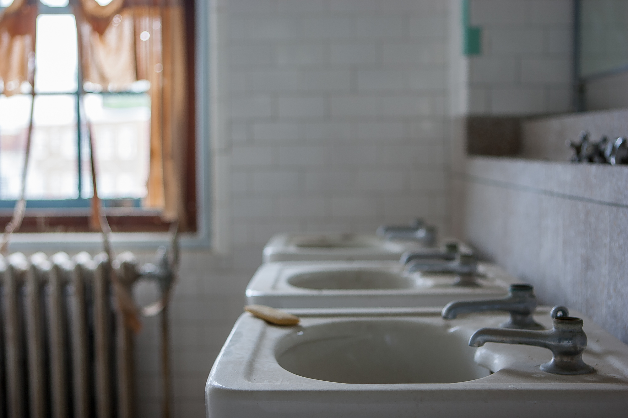 Bathroom sinks in the male attendants residence at Northampton State Hospital