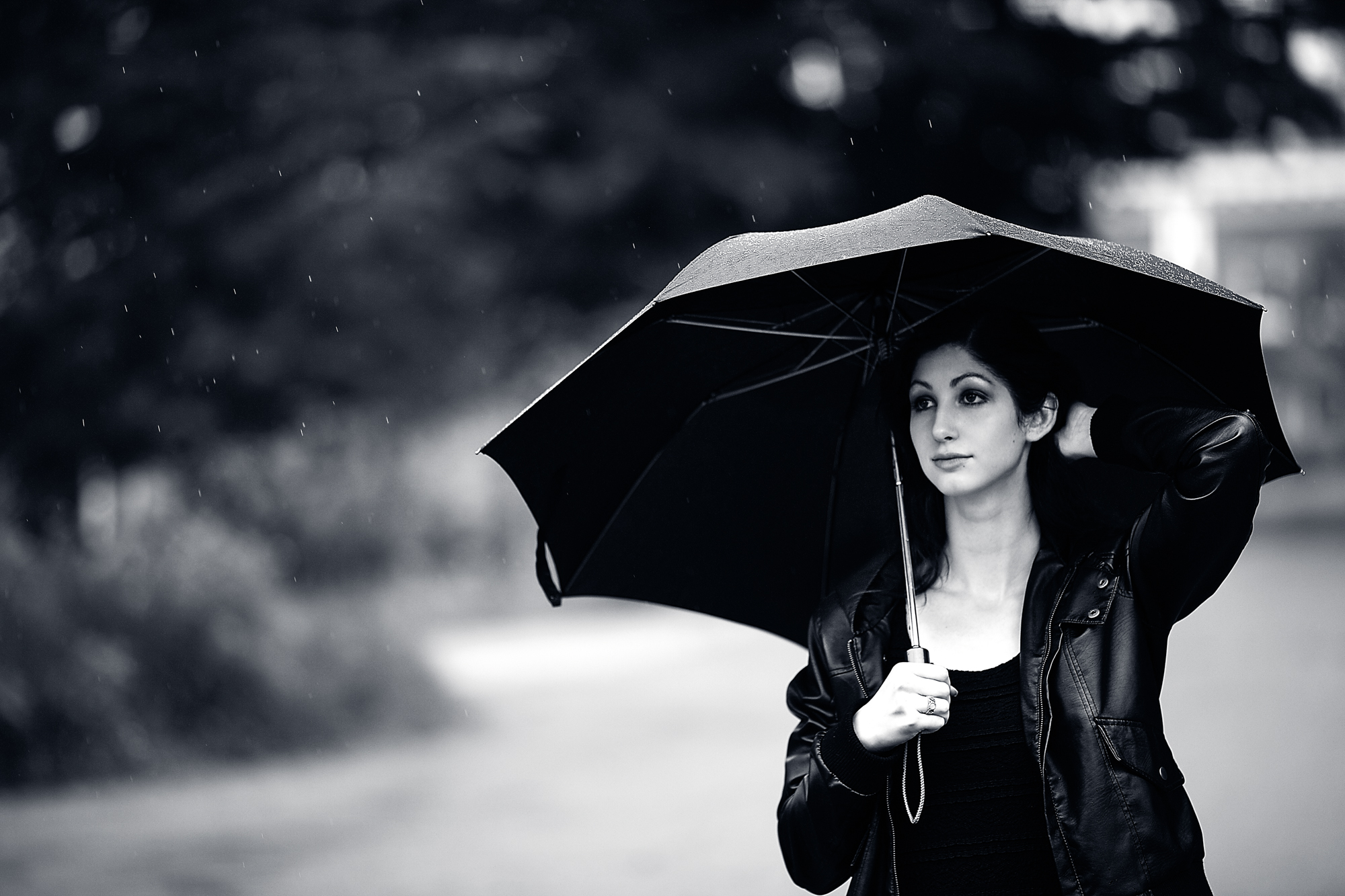 Model Geena in the rain at Medfield State Hospital