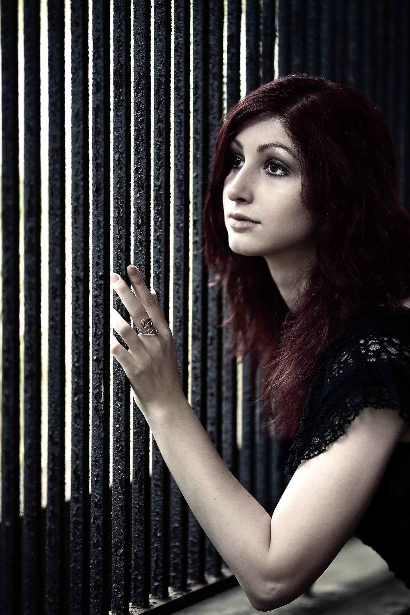 Model Geena in the rain at Medfield State Hospital