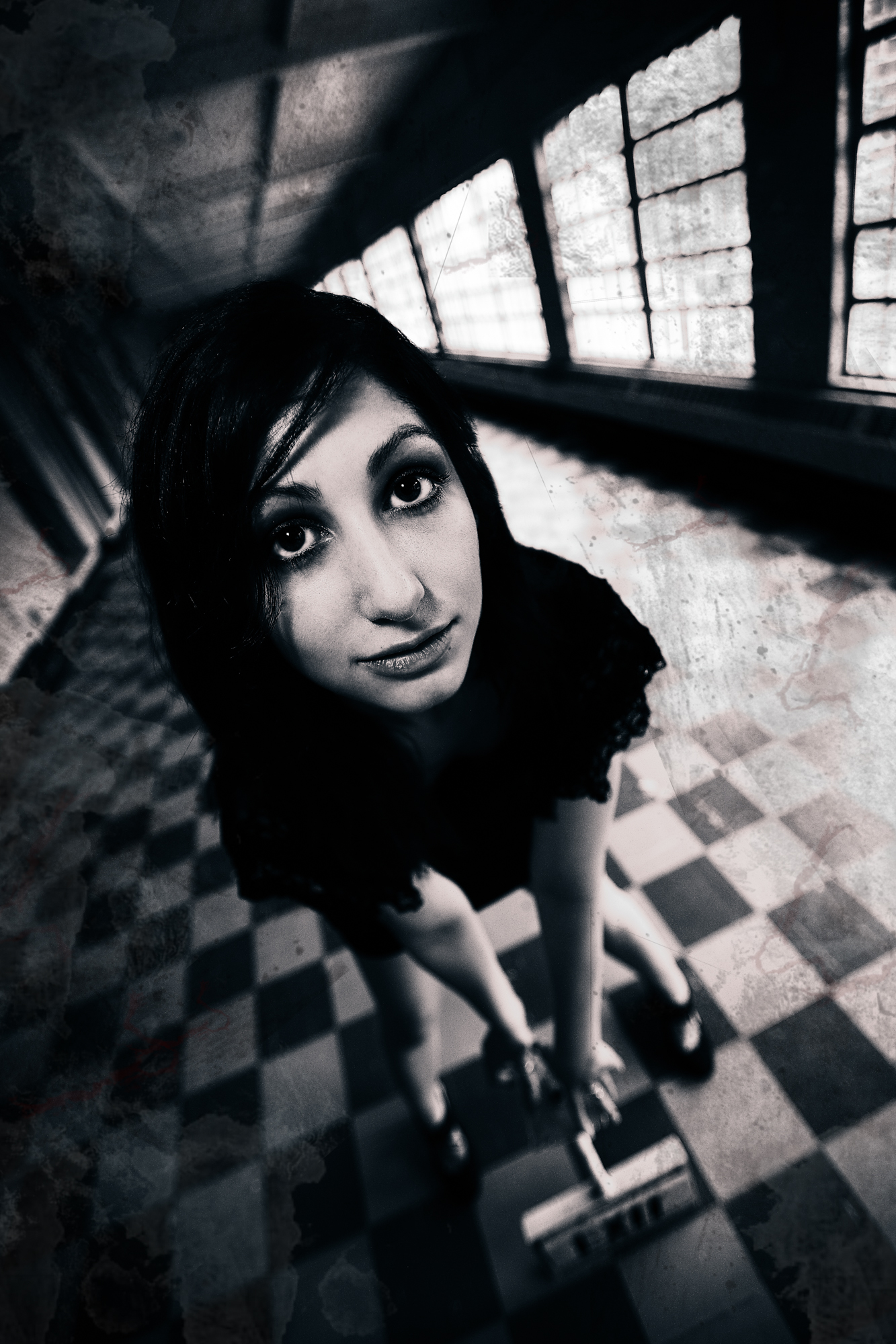 Model Geena and checkered floor at Medfield State Hospital