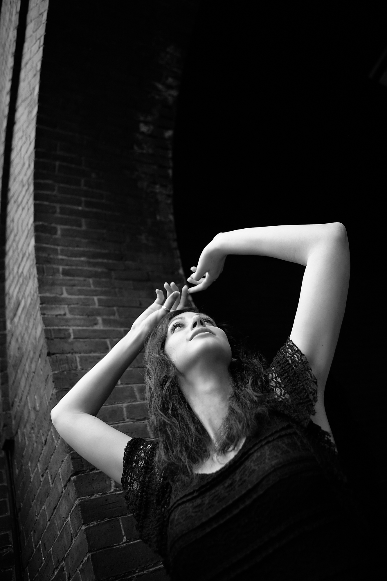 Model Geena looking up at Medfield State Hospital.