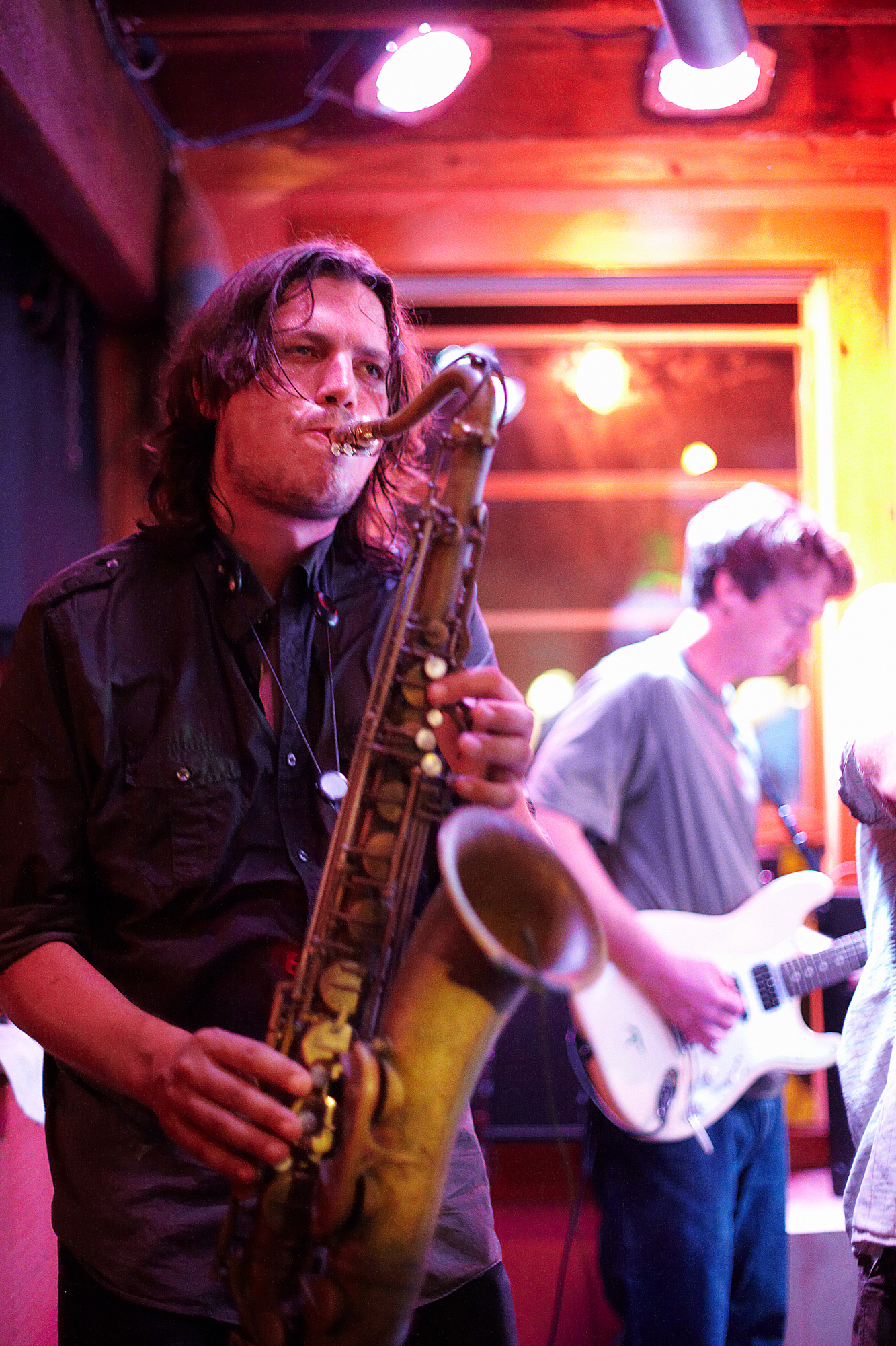 Saxophone player for John Brown's Body at the Welfleet Beachcomber July 31, 2010.