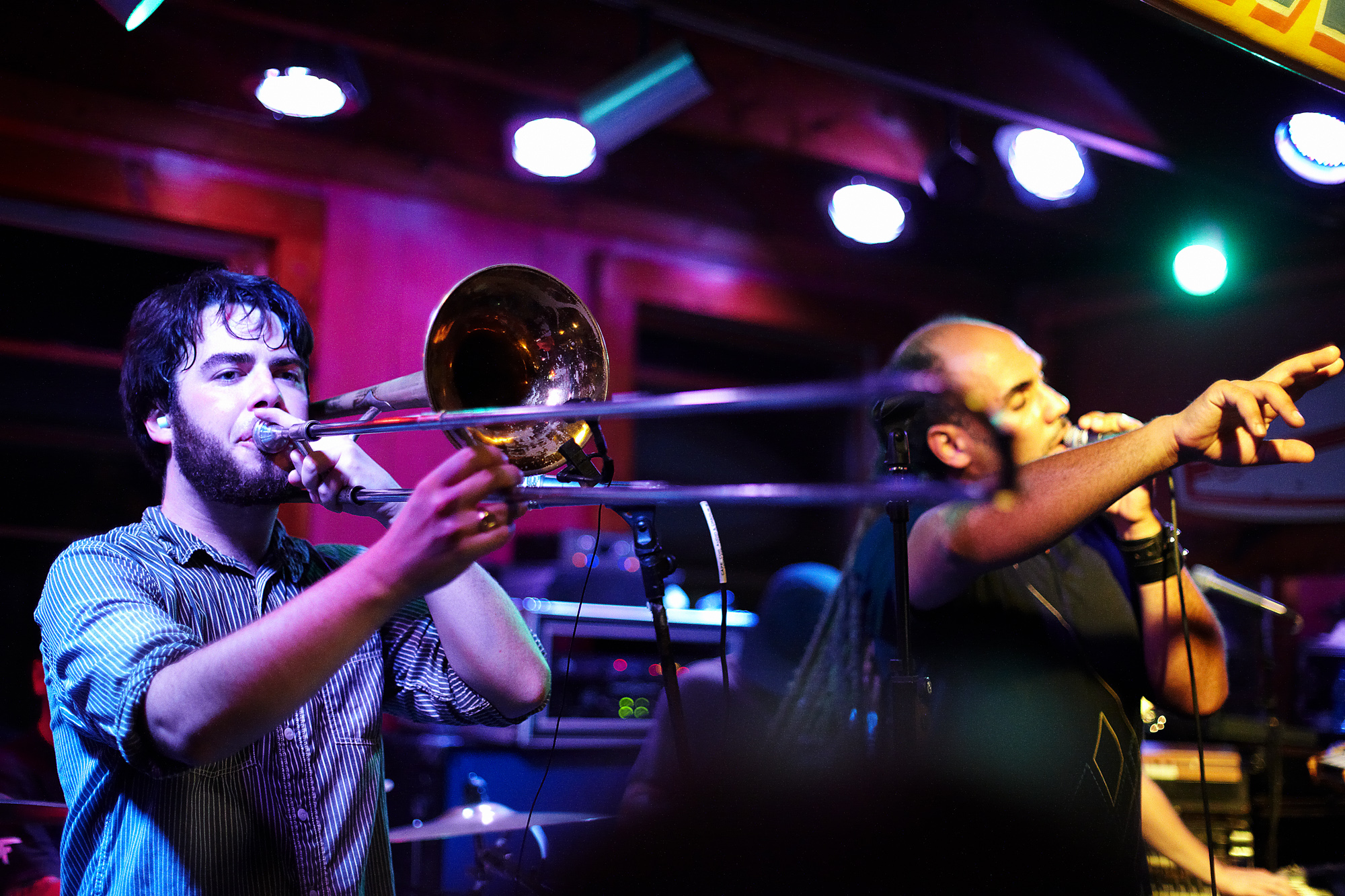 Trombone player and Eliott Martin with John Brown's Body at the Welfleet Beachcomber, July 31, 2010.