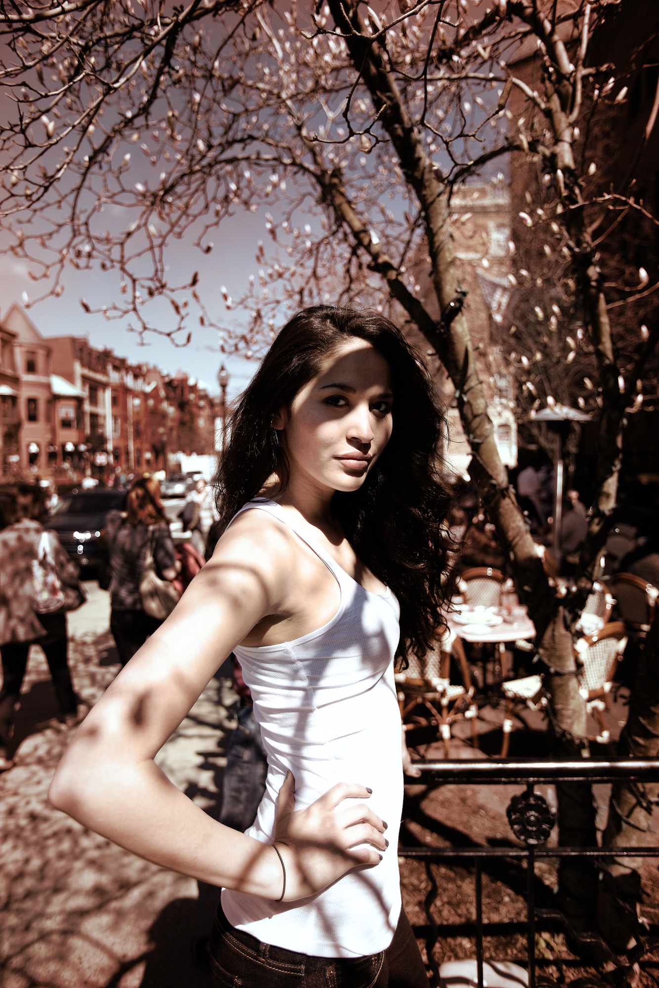 Model poses on Newbury St. with DH Studios 2011 collection.