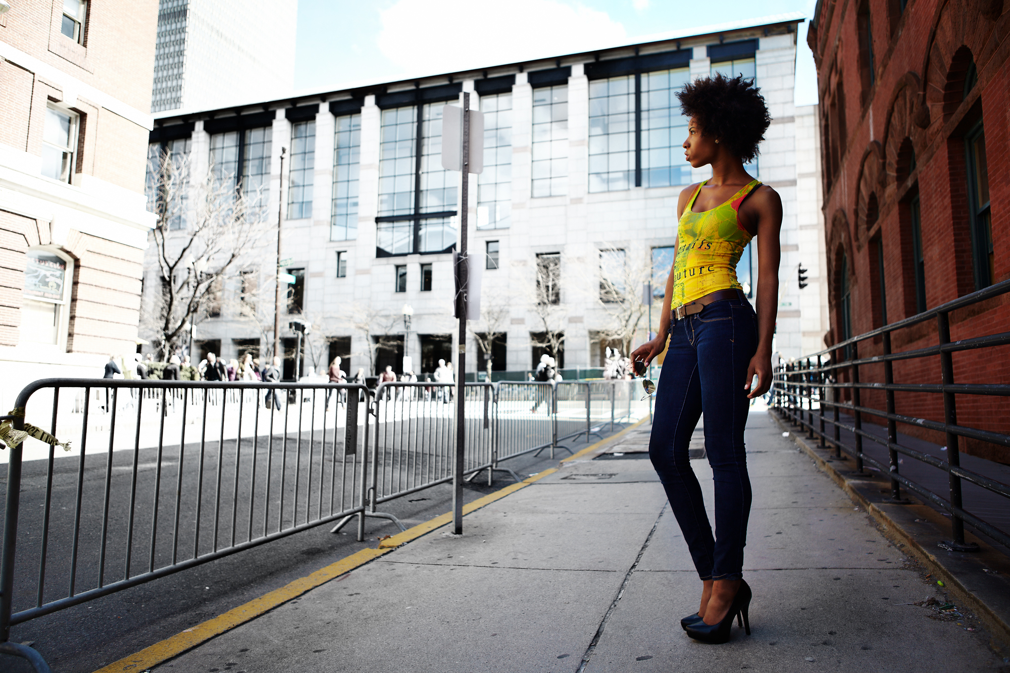 Model poses on Newbury St. with DH Studios 2011 collection.