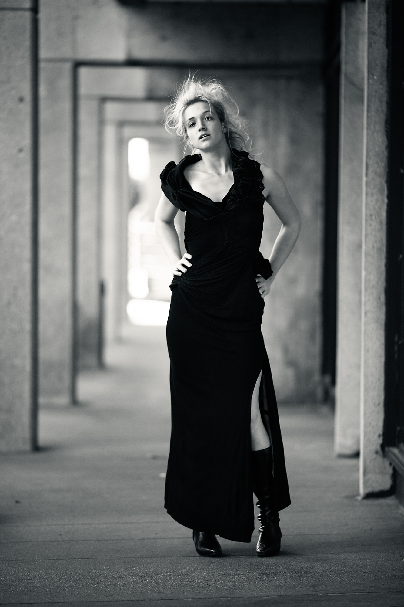 Model poses at Christian Science Center in Boston with the 2011 DH Studios collection.