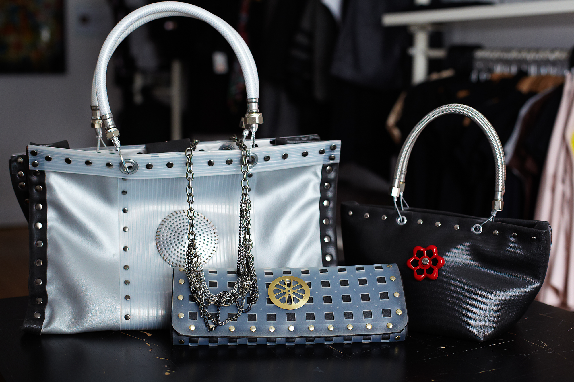 Industrial fashion accessories on table at DH Studios.