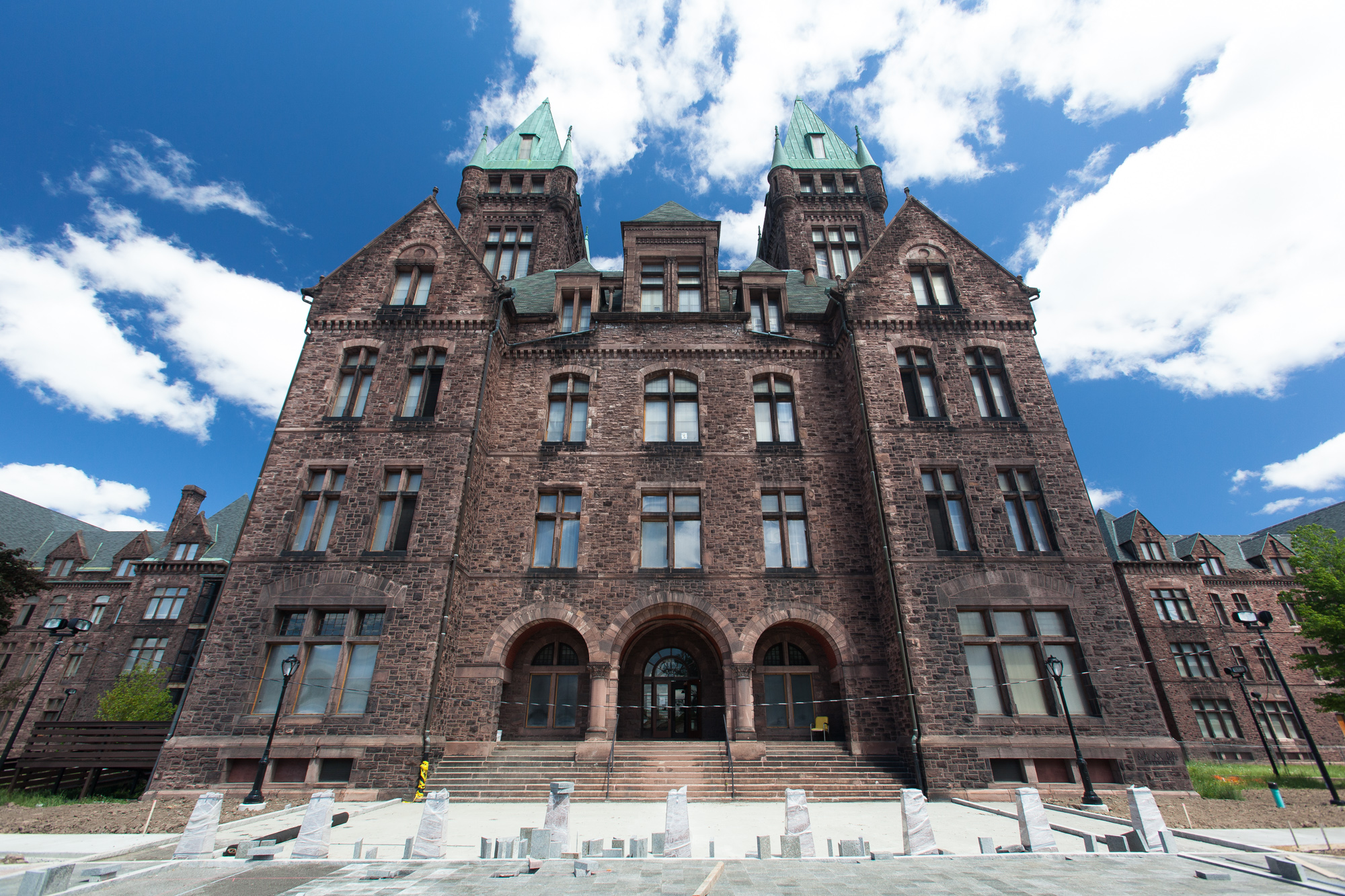 Exterior of admin section of Buffalo State Hospital under construction.
