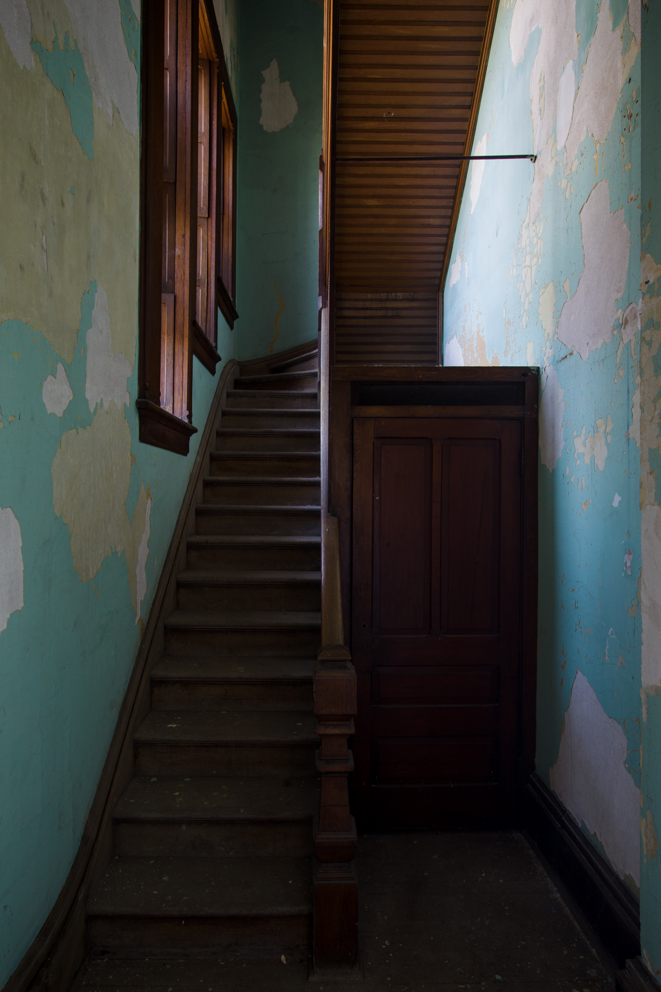 Narrow stairway at Buffalo State Hospital.