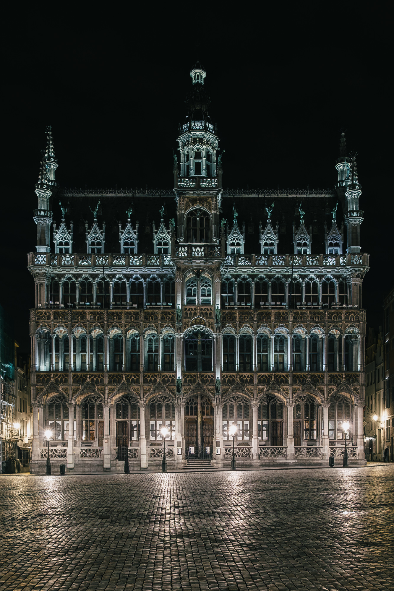 Nightshot of the exterior of Maison du Roi in The Grand Place in Brussels, Belgium.