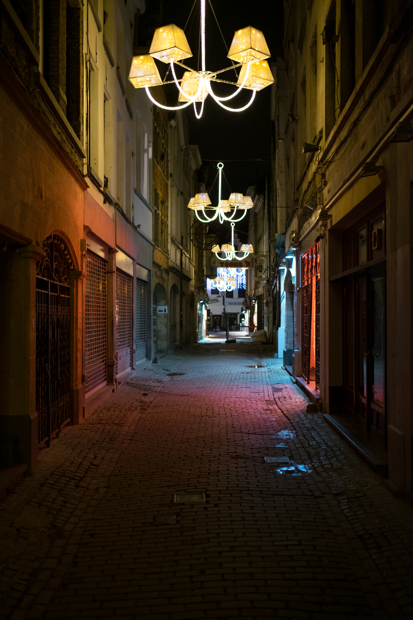 Nighttime on a street in Brussels, Belgium.