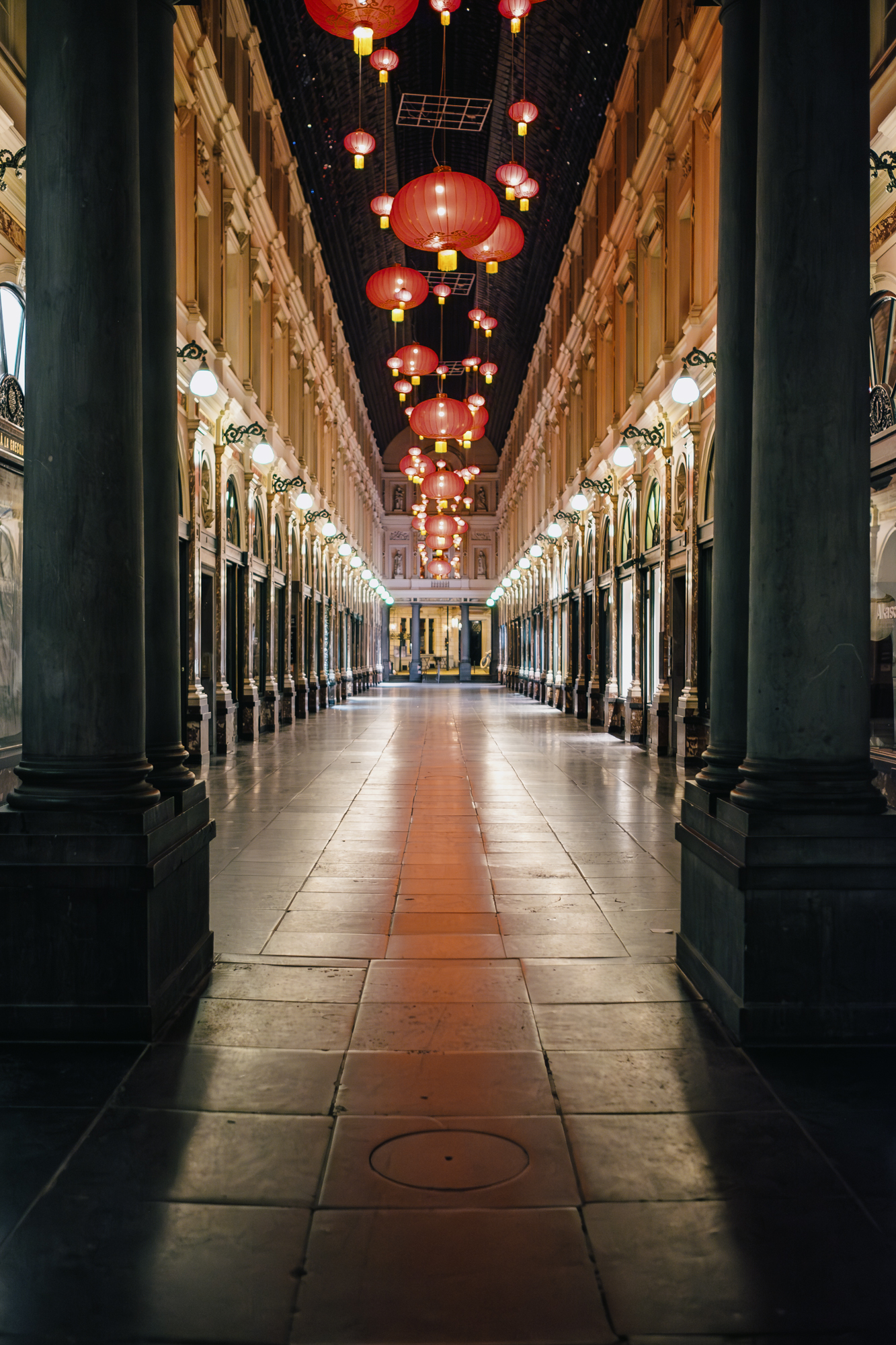 Nighttime on a street in Brussels, Belgium.
