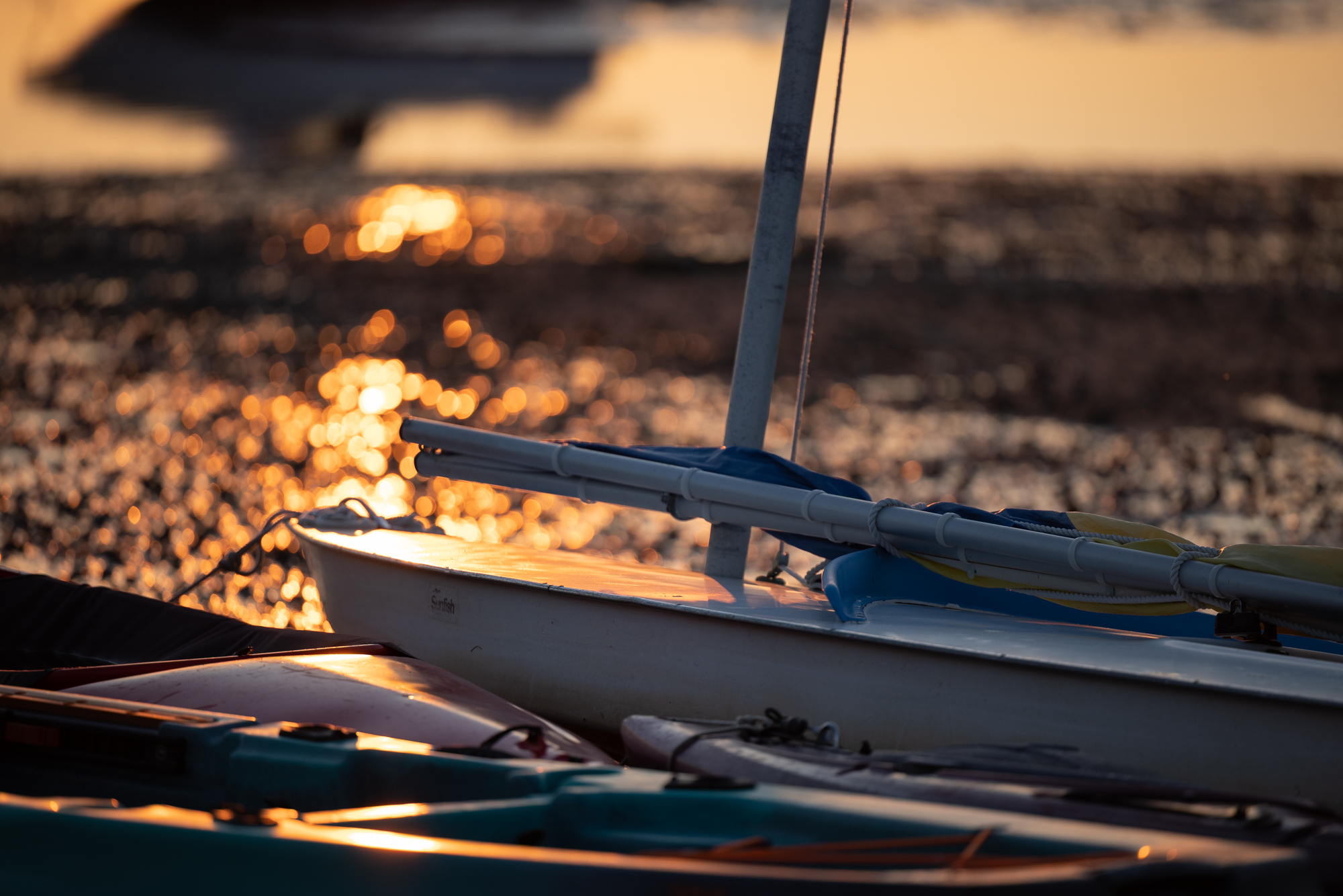 Sunfish sailboat at sunset in Pamet Harbor, Truro, MA.