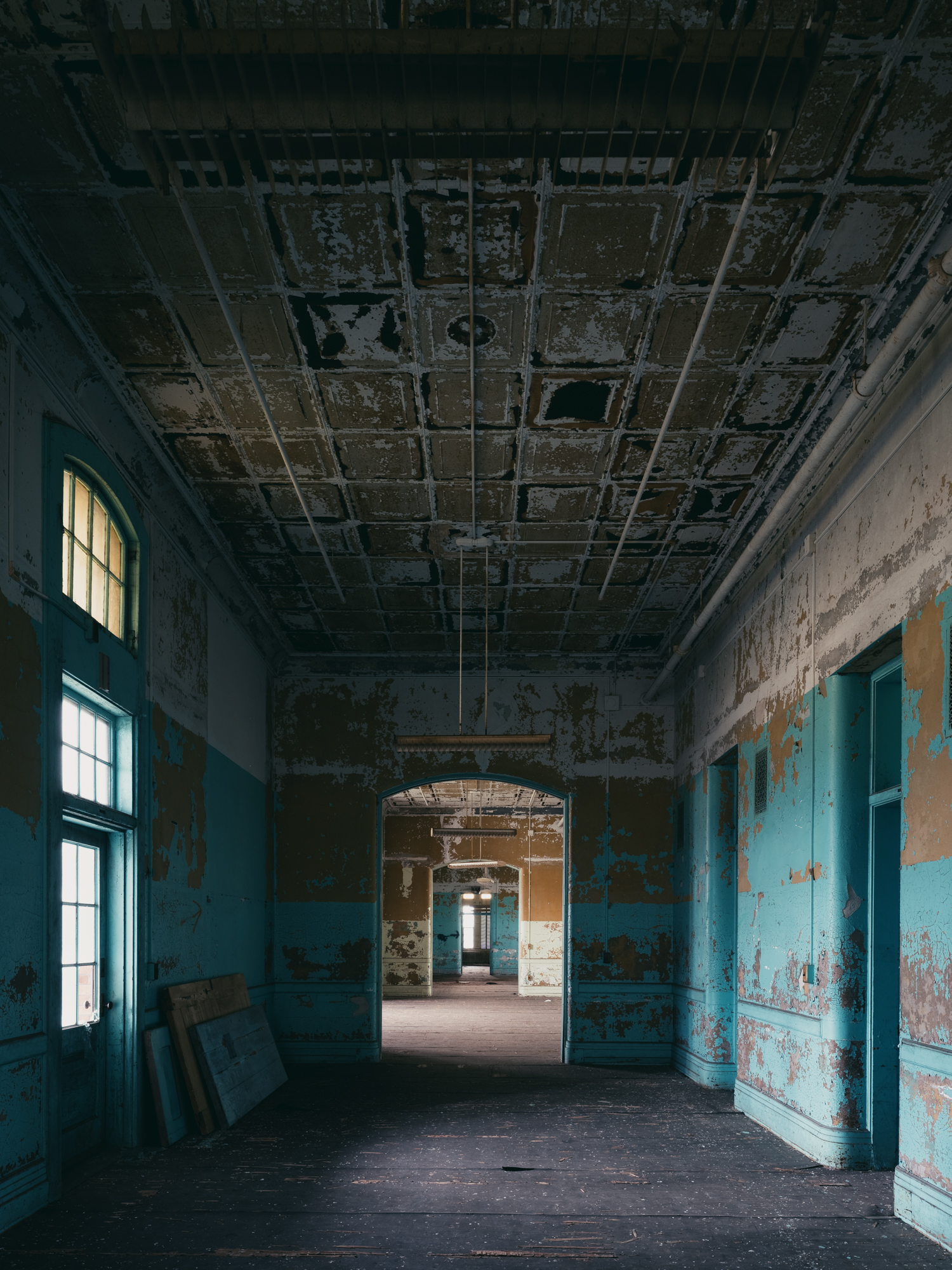 Blue hallway at Buffalo State Hospital