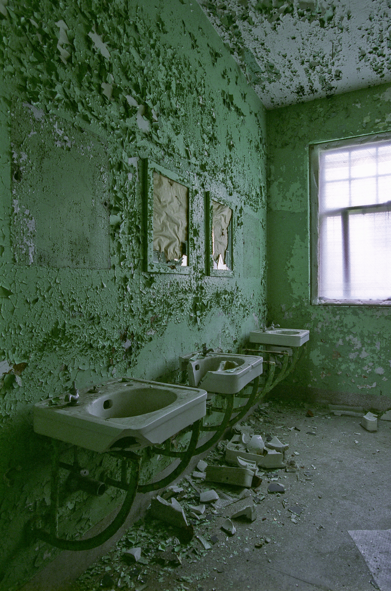 Bathroom sinks in the memorial complex of Northampton State Hospital