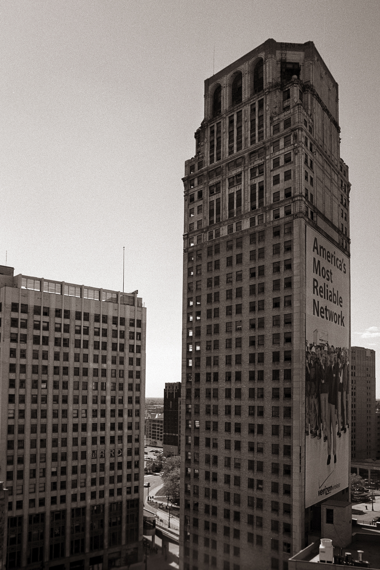 View of the abandoned David Broderick tower in Detroit, MI as seen from the Wurlitzer building