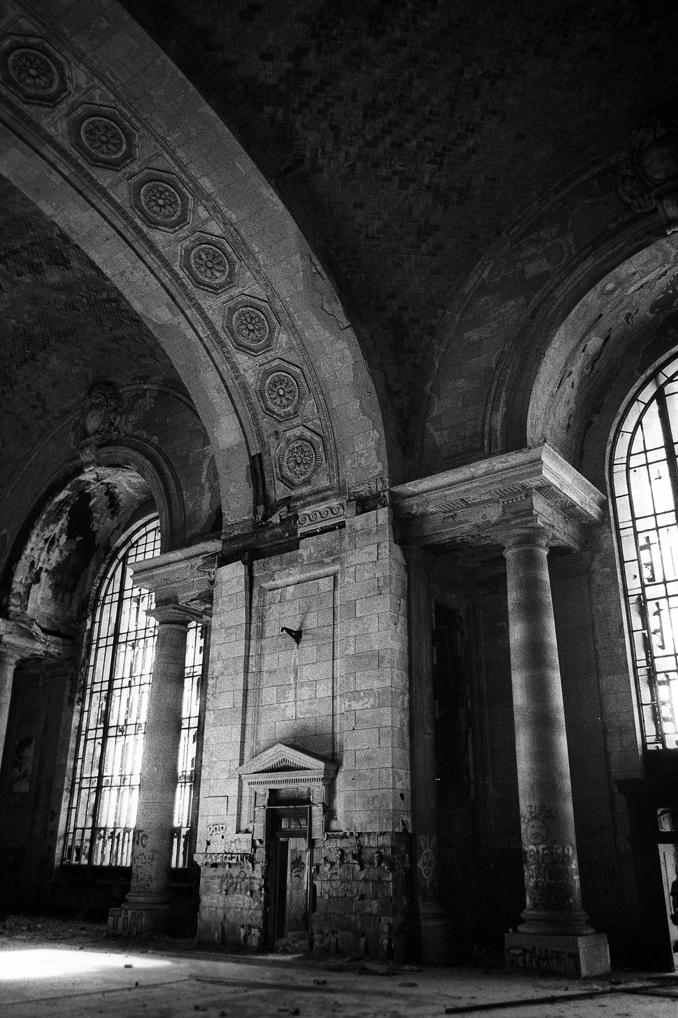 Vaulted ceiling and door at Michigan Central Station in Detroit, MI.