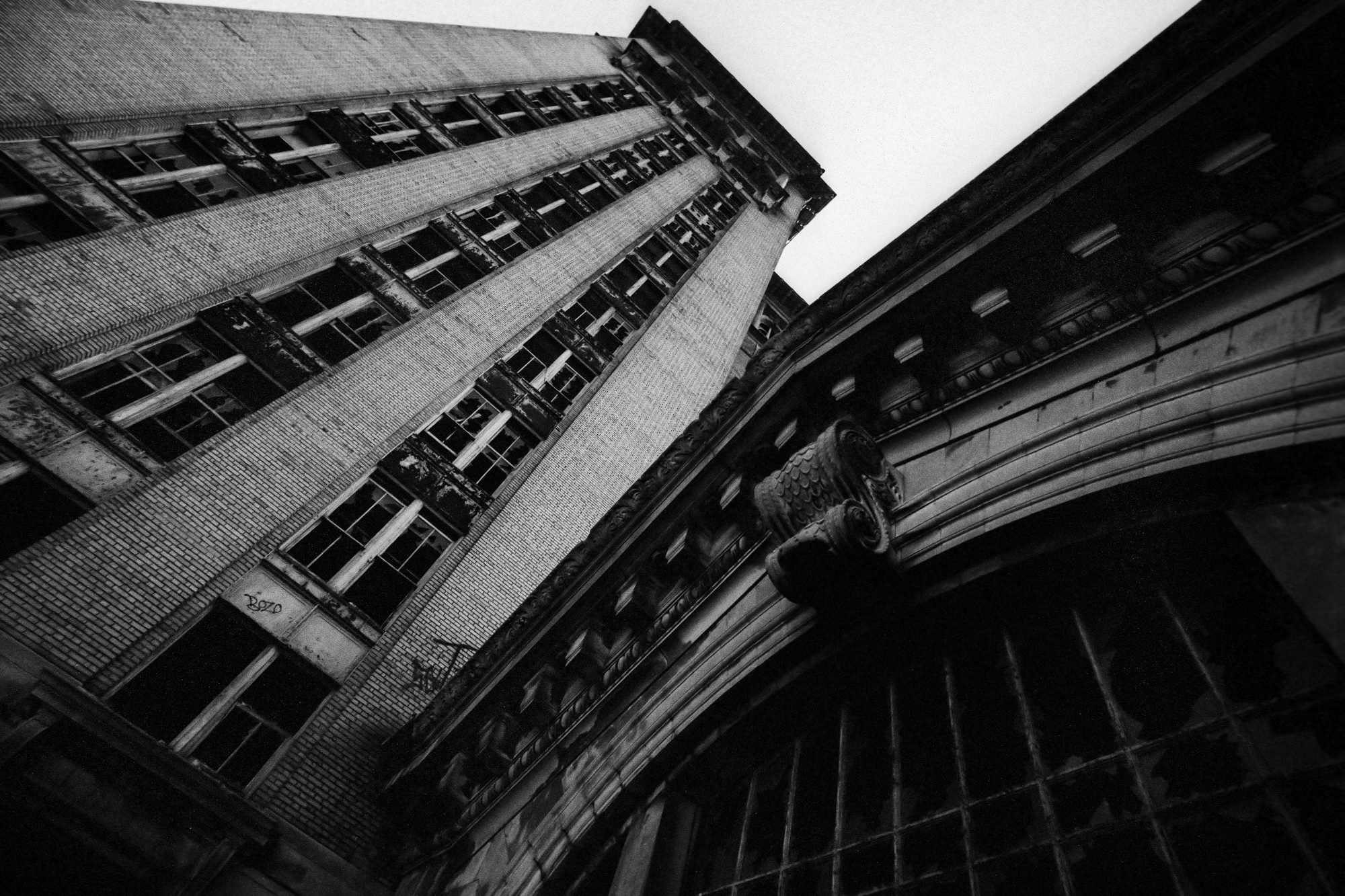 Exterior view of Michigan Central Station in Detroit, MI.