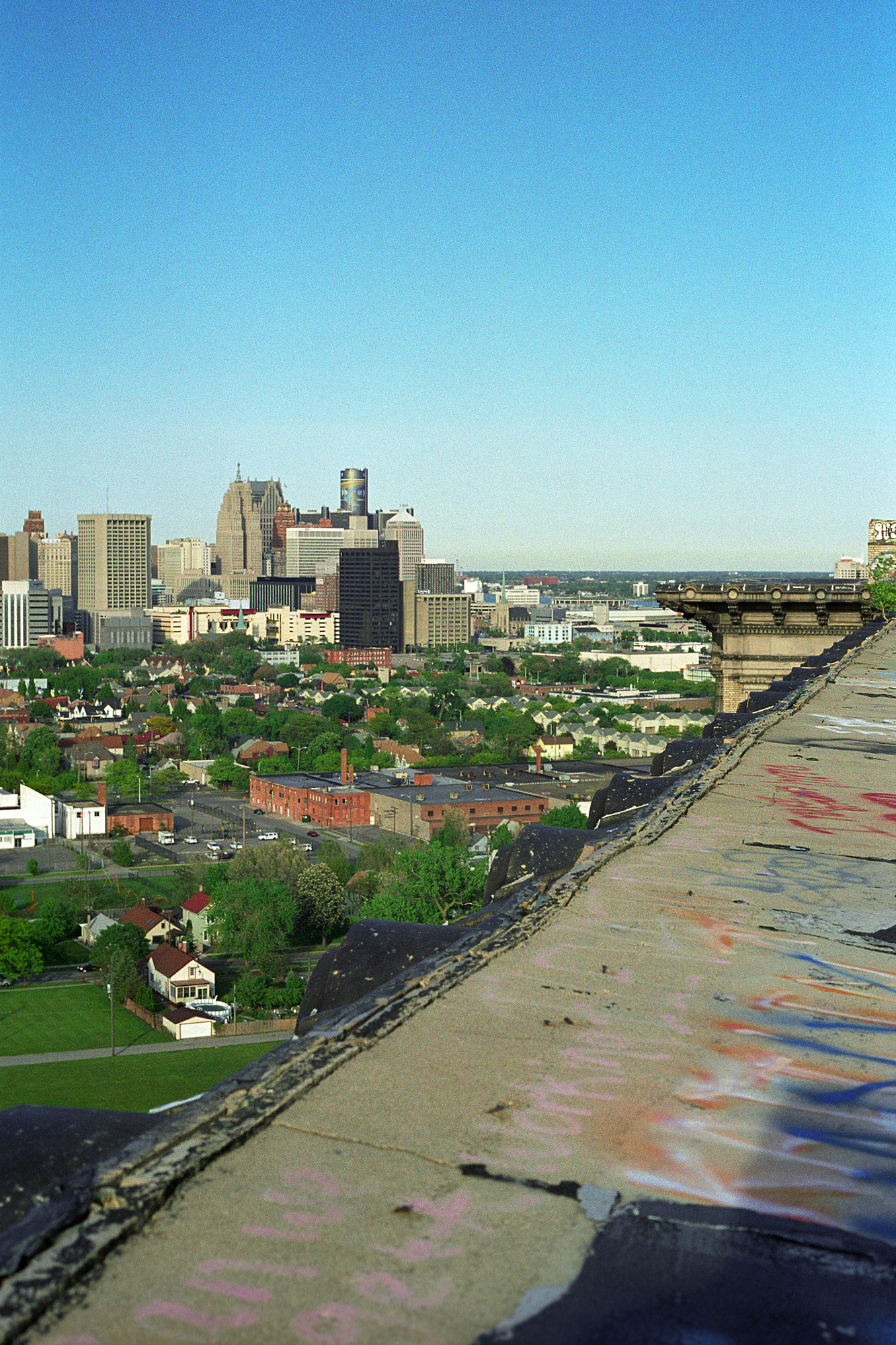 View of downtown Detroit from the roof of Michigan Central Station in Detroit, MI.