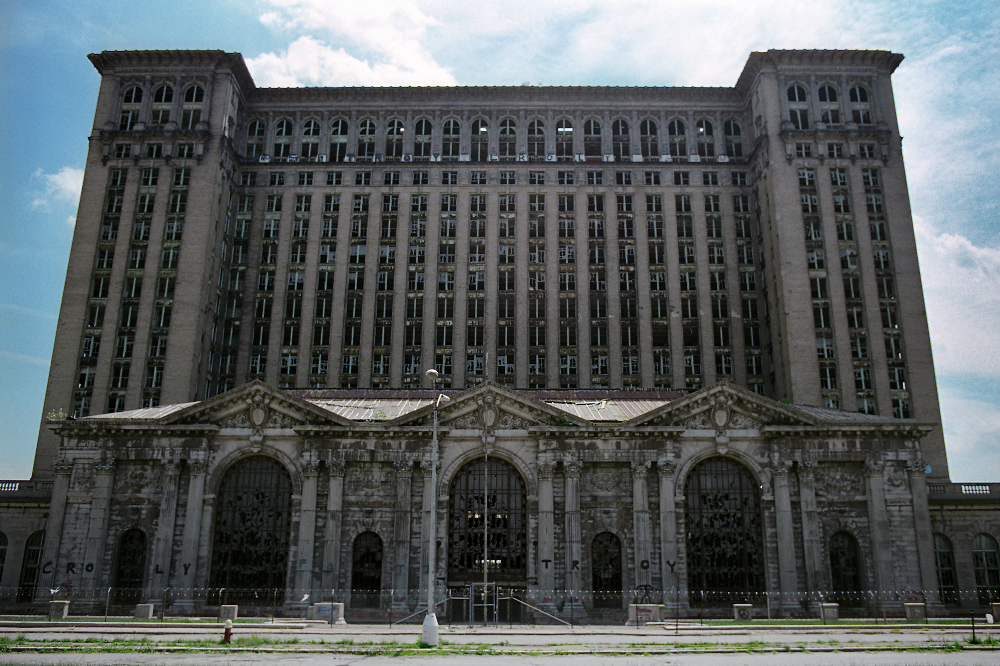 Exterior front view of Michigan Central Station in Detroit, MI.