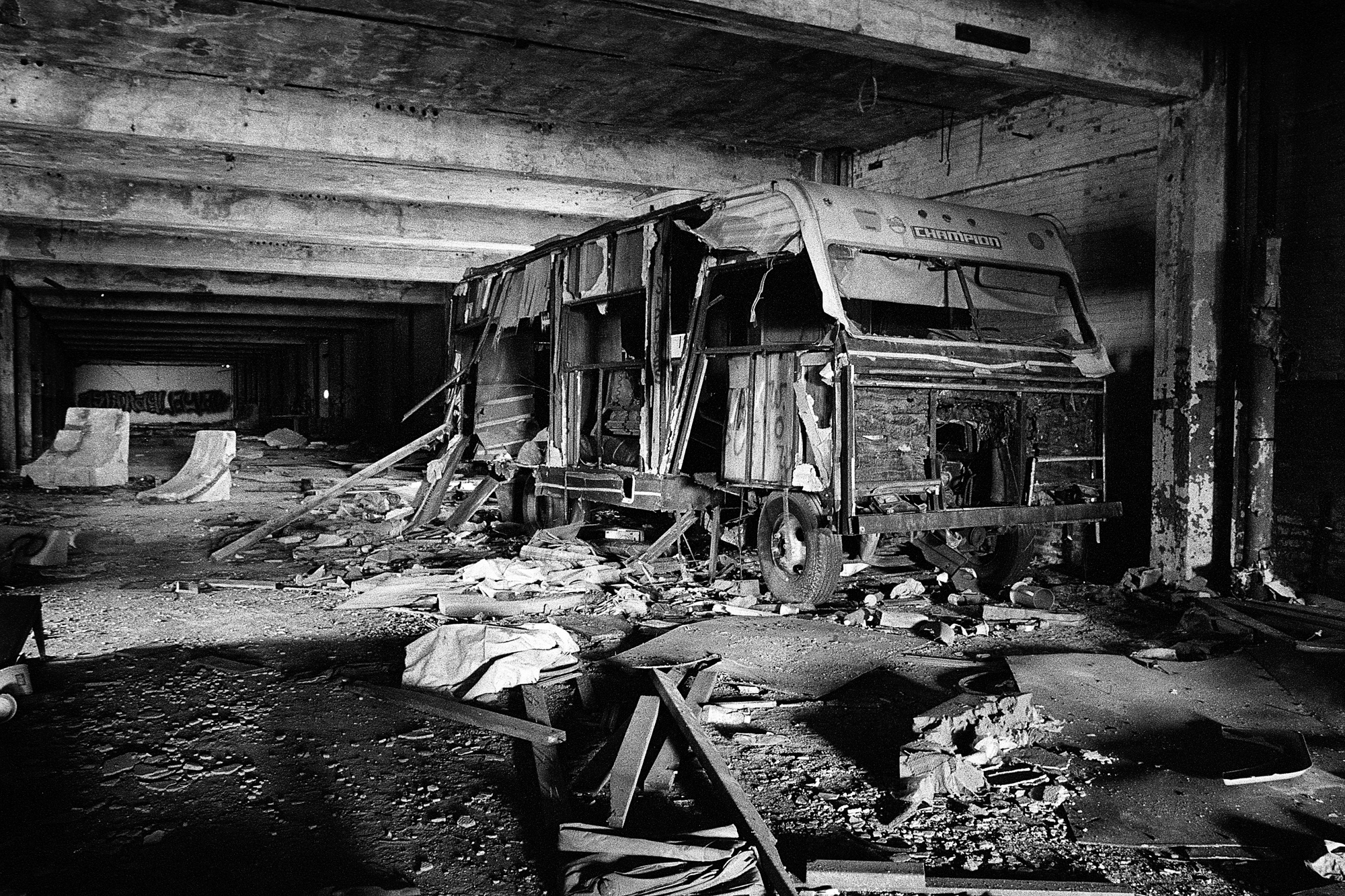 Destroyed RV in the Packard Plant in Detroit, MI.