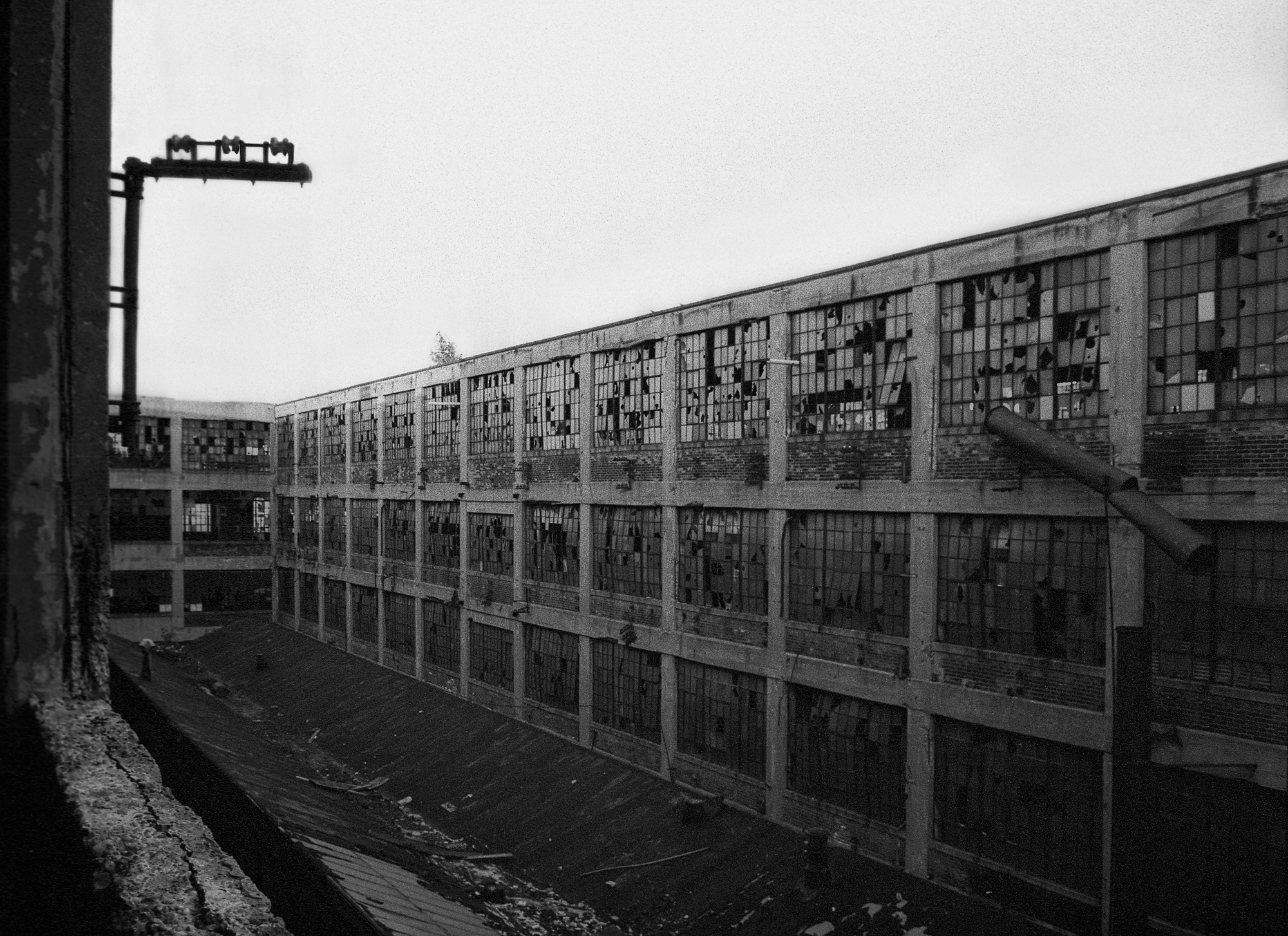 View of the exterior from a window in the Packard Plant in Detroit, MI.