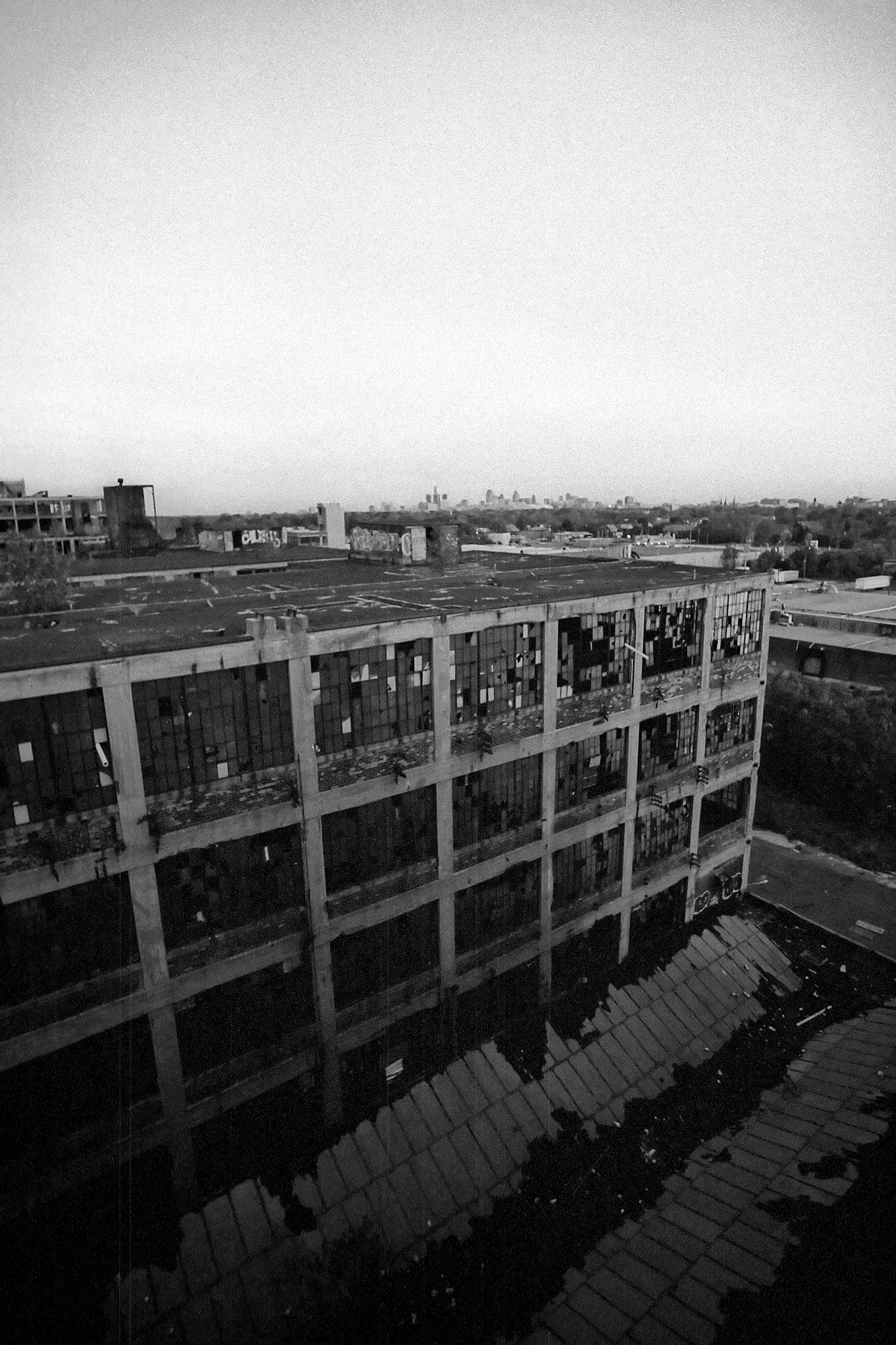 Exterior of the Packard Plant in Detroit, MI. shot from the roof.